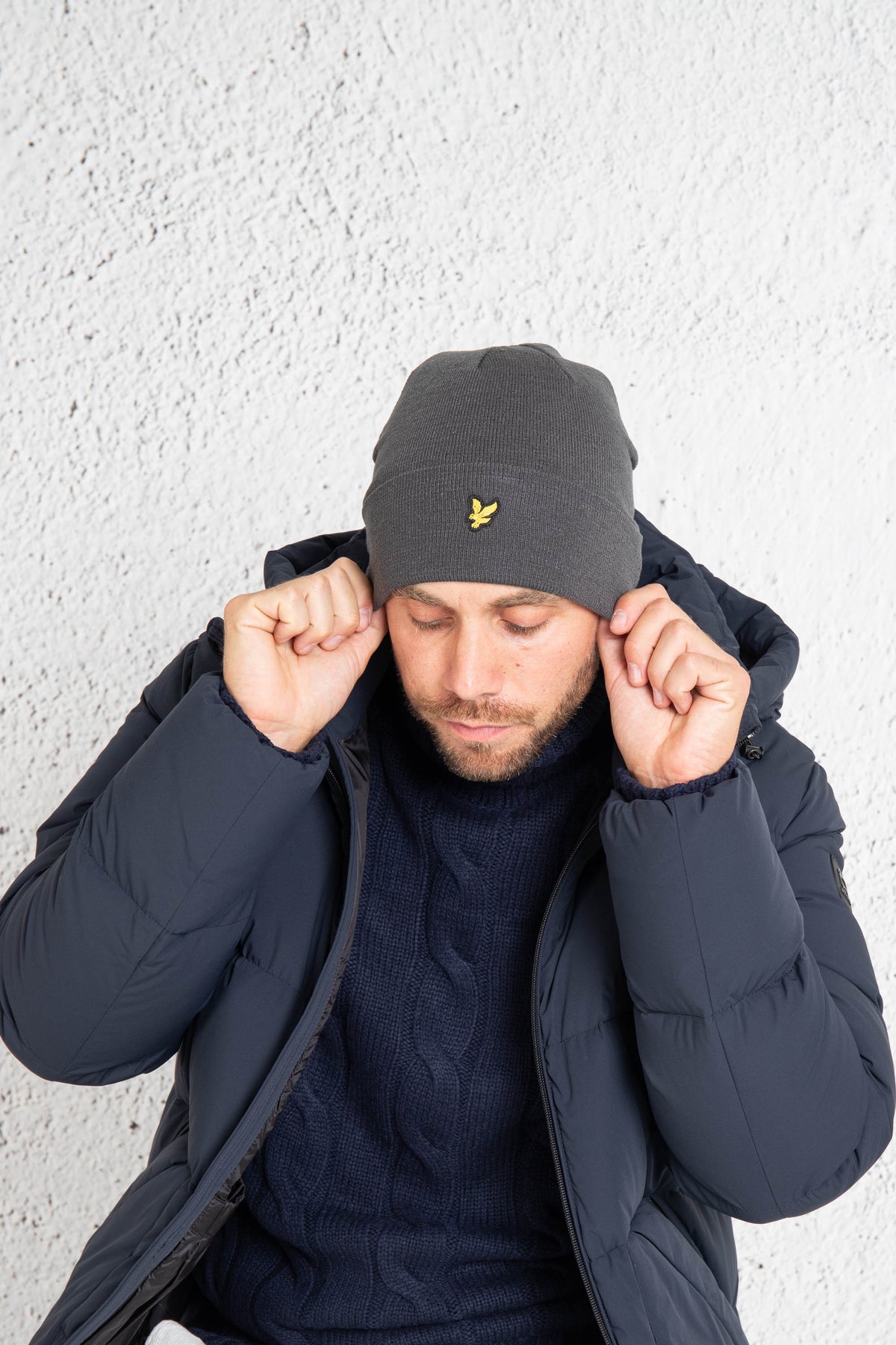Lyle & Scott Berretto Uomo In Lana D'agnello | Costine E Logo Aquila | Grigio Medio