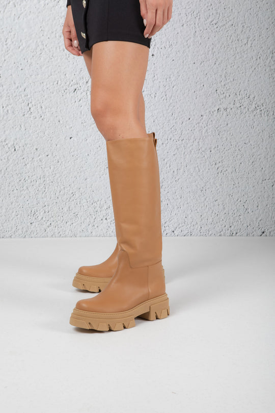 Ottod'ame Women's Beige Tank Leather Boot